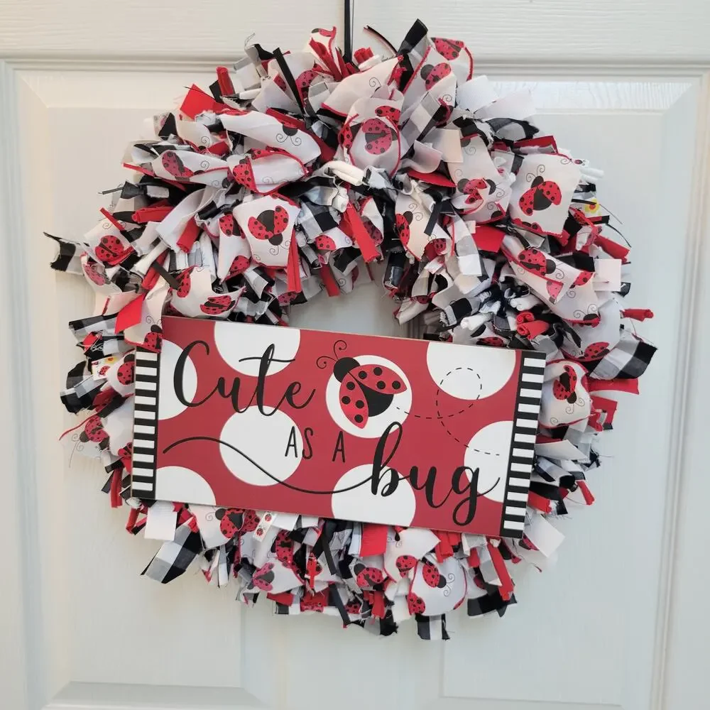 Cute as a Bug Handcrafted Rag Wreath Black White Red Ladybugs, 16